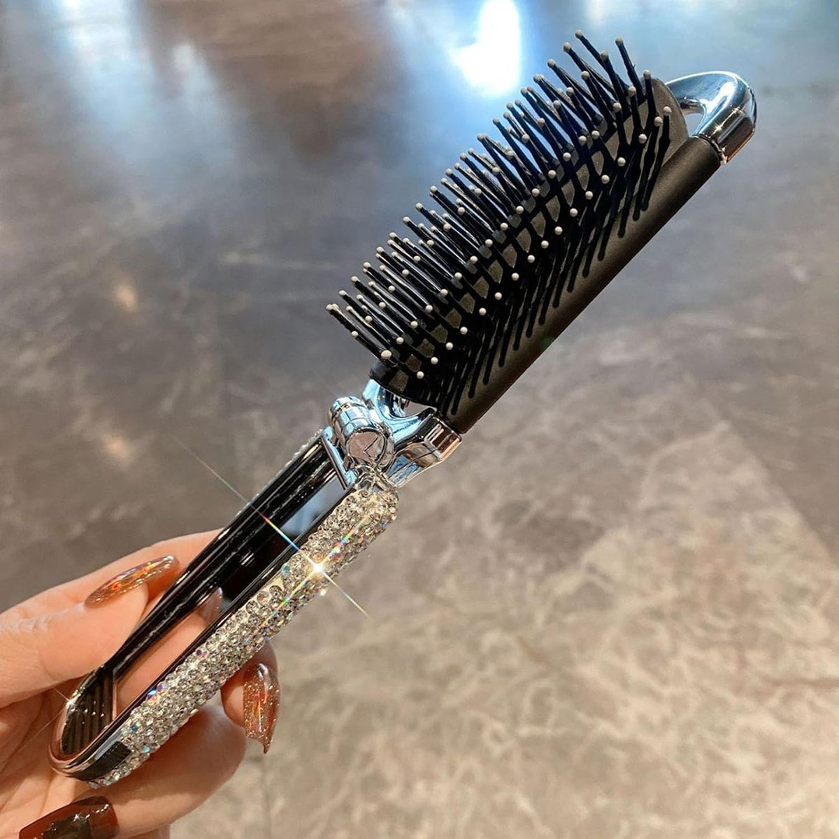 1 Pack Rhinestone Pocket Hair Brush with Mirror Bling Travel Folding Combs Sparkle Portable Collapsible Compact Comb for Women Wedding Party Silver White (No Chain-White)