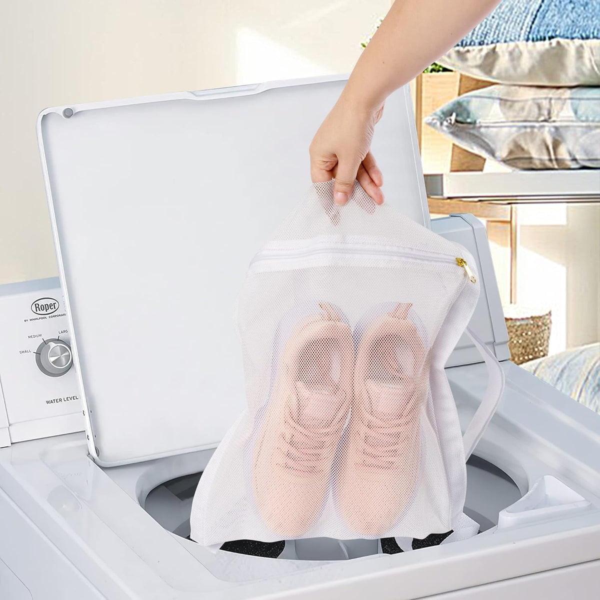 Sneaker Drying Bag, Shoe Dryer Mesh Bags, Sneaker Wash & Dry Net Bag for Dryer, Large HoneyComber Mesh Laundry Bags with Zipper and Strap for Most Dryers Door, 15.7"x13.8" (White & Grey)