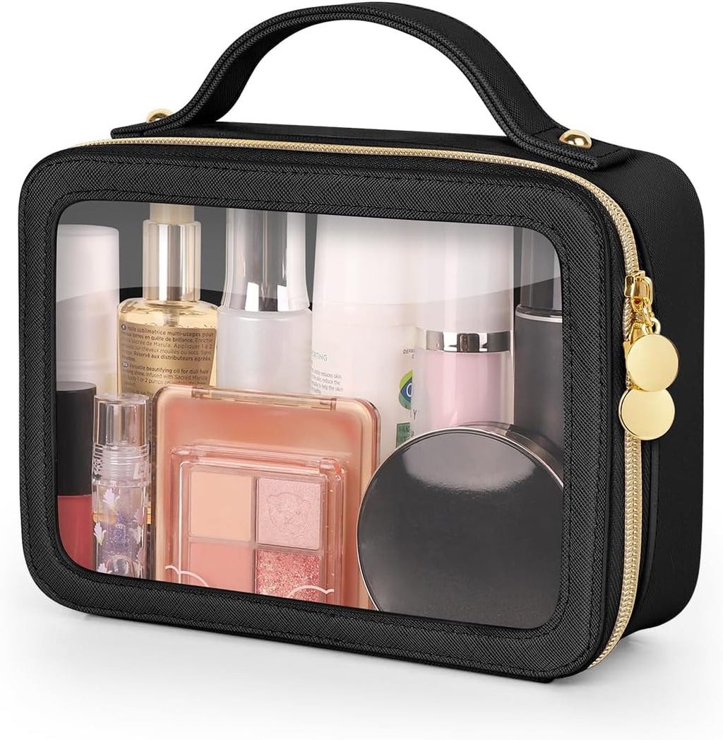 Soimeat Clear Makeup Bag, Portable Travel Cosmetic Bags, Multipurpose Leather Toiletry Bag with Zipper, Waterproof Transparent Cosmetic Organizer for Women, Medium, Black