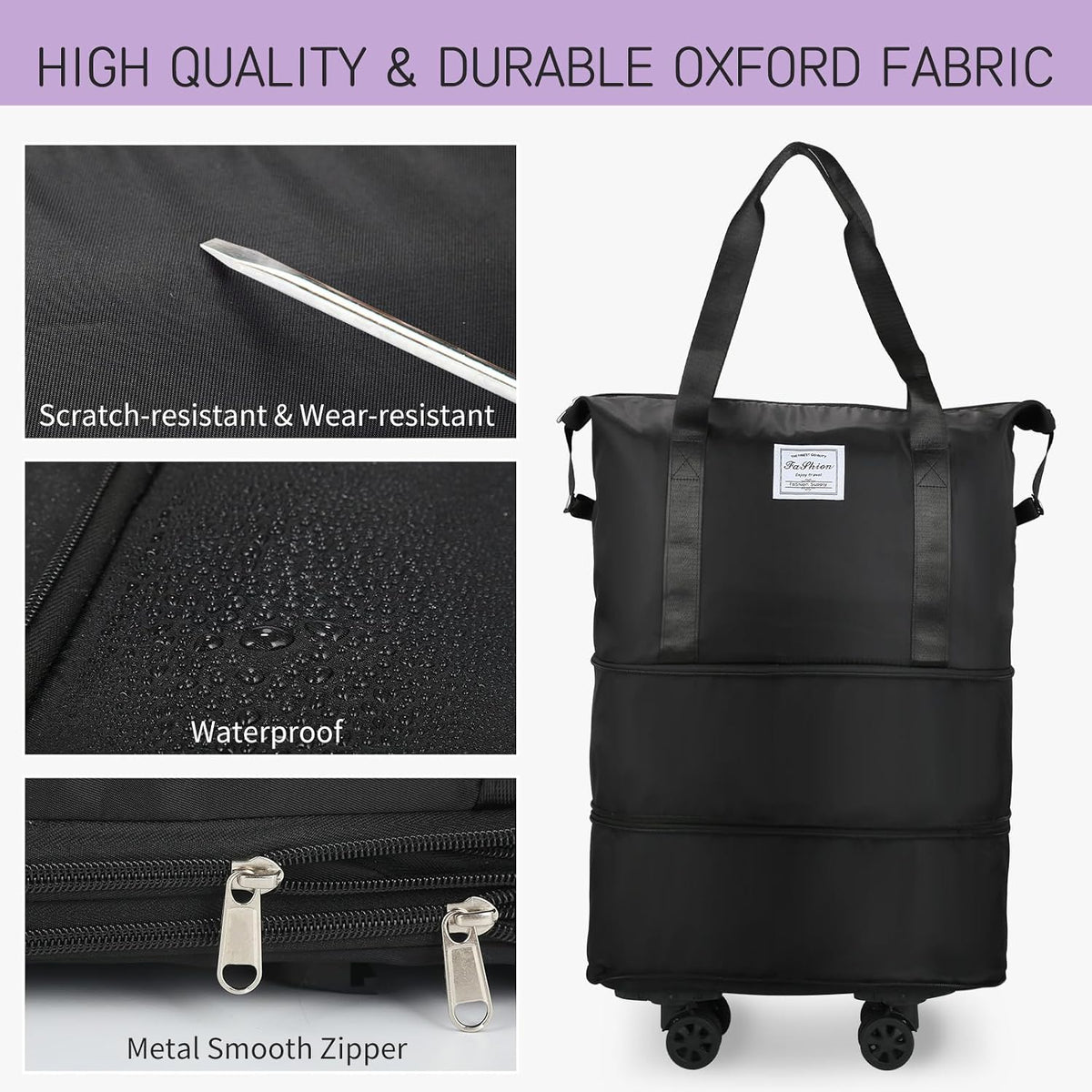 Rolling Duffle Bag with Wheels, Expandable Foldable Duffle Bag for Travel, Rolling Under Seat Luggage Carry on Duffel Bags, Wheeled Travel Duffel Weekend Bags, Capacity 18L to 30L (Black)