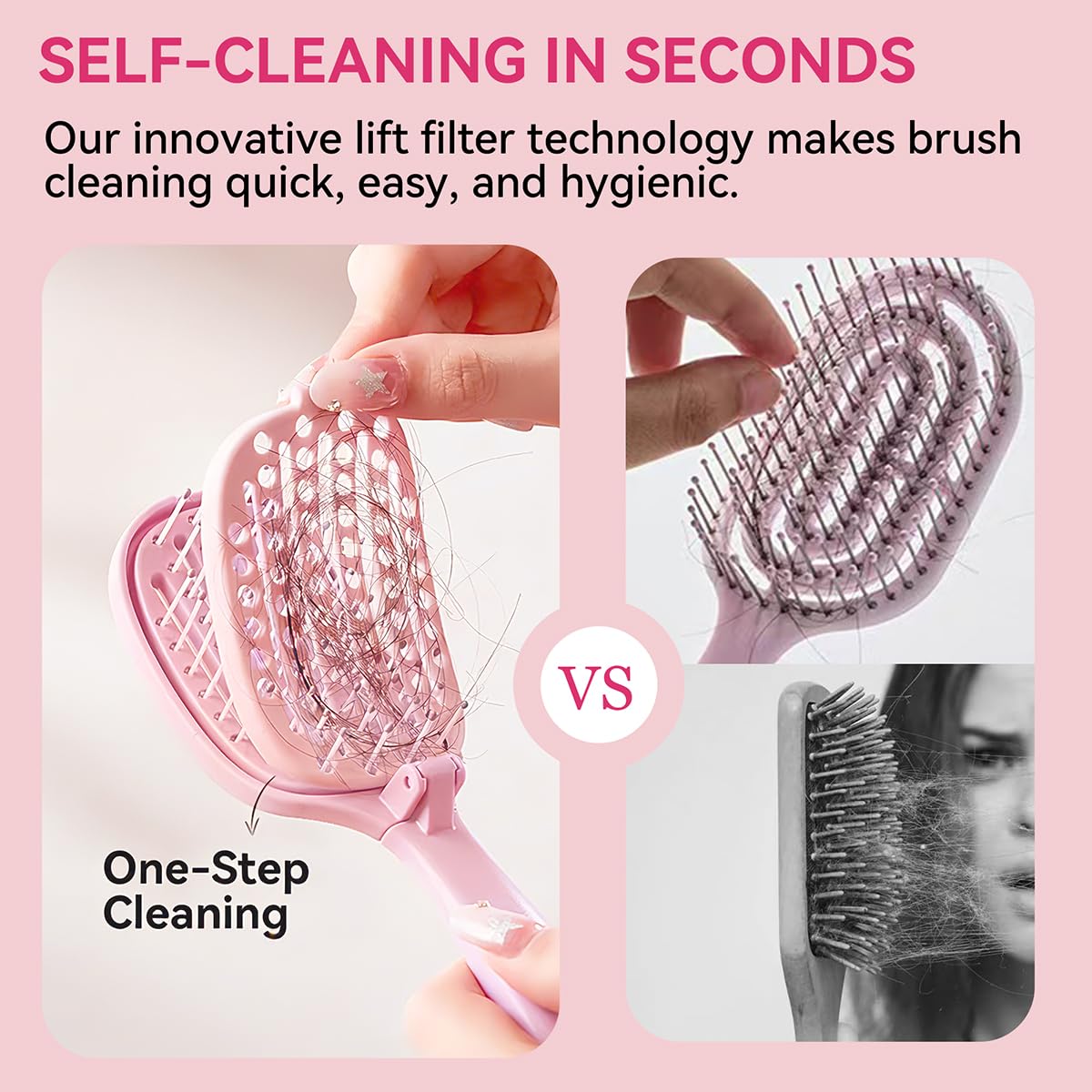 Self‑Cleaning Hair Brush, Curved Vented Detangler, Foldable Travel Pink