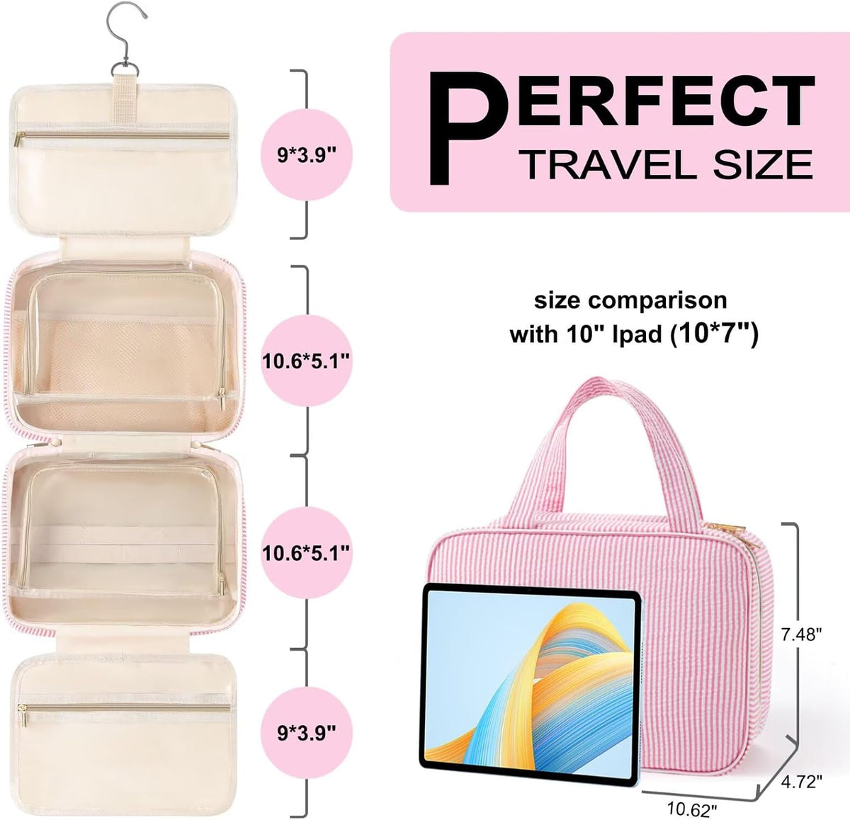 TOPEAST Travel Toiletry Bag for Women - Hanging Toiletry Bag, Large Capacity Personalized Makeup Pouch, Travel Essentials - Letter D, Pink