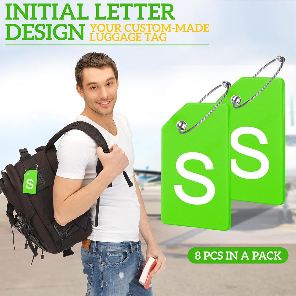 Sweetude 8 Pcs Luggage Tags Silicone Steel Loop, Letter S, Green