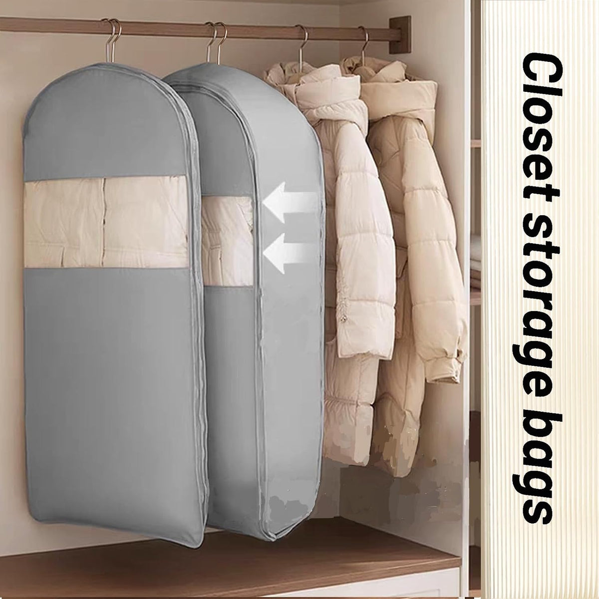 Space Saving Hanging Compression Garment Bag with Zipper for Closet Storage, Hanging Clothes Storage Bag, Garment Covers for Coats and Down Jackets, Gray, M