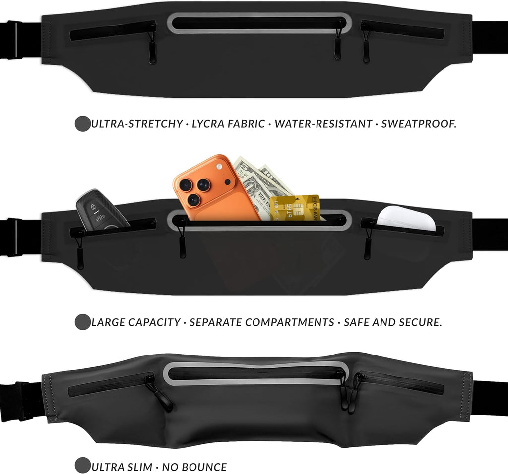 Running Belt for Men Women, Ultra-thin Run Belt with Pockets Secure Adjustable Fanny Pack Marathon Jogging Runners Belt for Phone, Keys & Essentials - Fits 6.9'' Phones (Black, X-Large)
