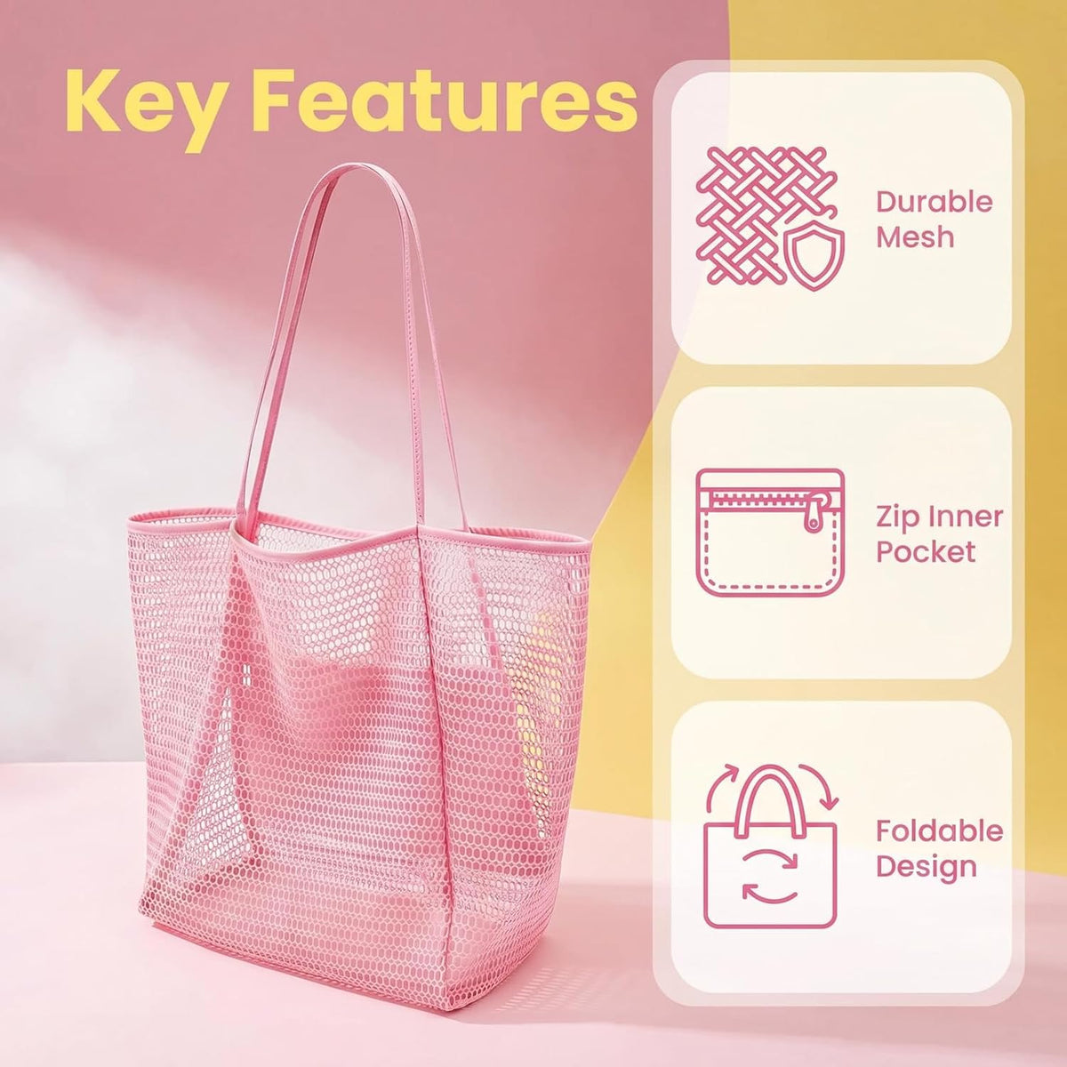 Women's Beach Bags, Lightweight Mesh Tote Bag, Sandproof Woven Shoulder Handbag with Zipper Pocket for Pool Travel