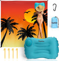 Beach Blanket, Waterproof Sandproof Beach Mat with Stakes and Inflatable Camping Pillow, 79" X 83" Quick Drying Lightweight & Durable Outdoor Picnic Mat with 4 Corner Pockets for Beach Camping