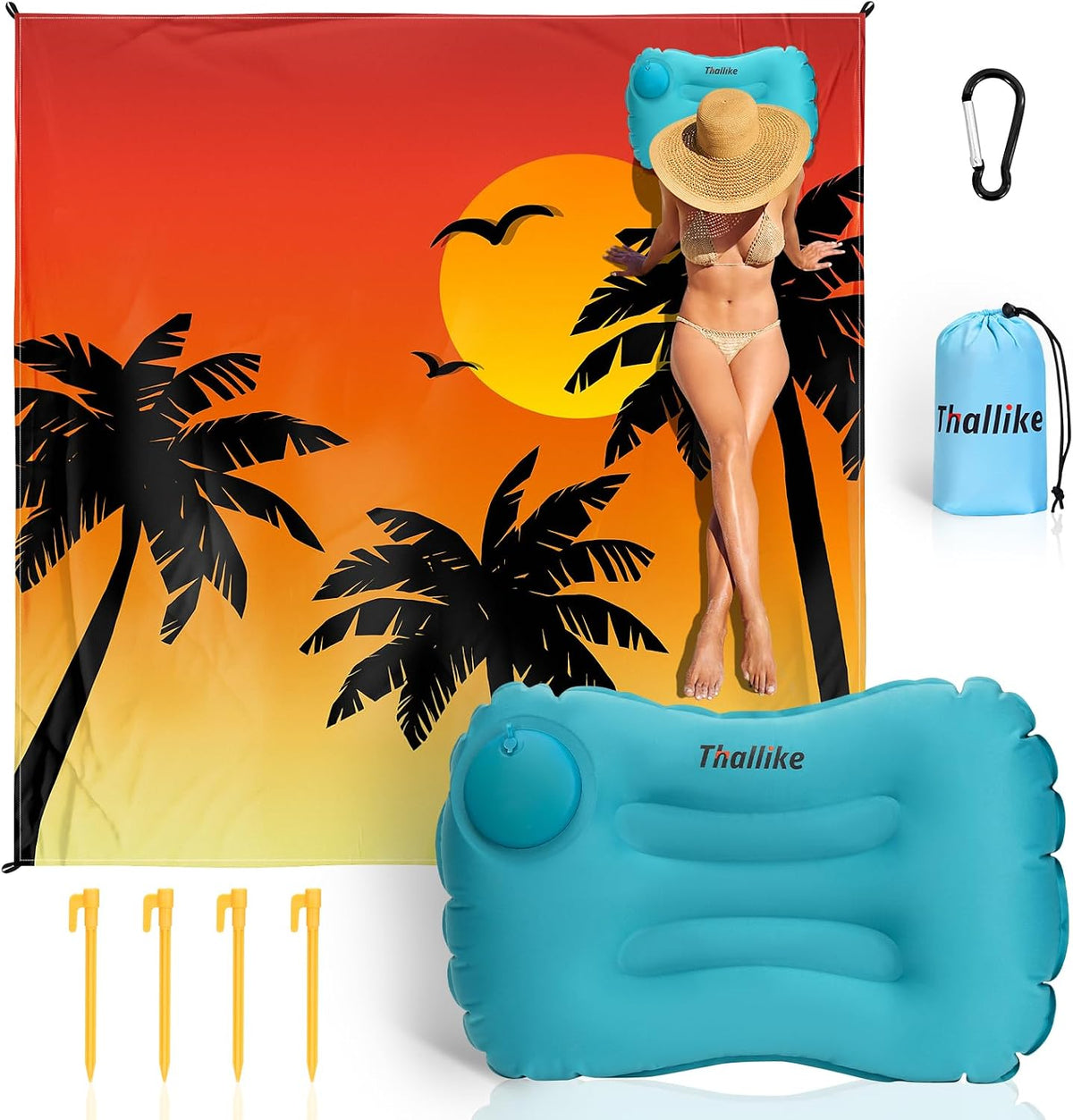 Beach Blanket, Waterproof Sandproof Beach Mat with Stakes and Inflatable Camping Pillow, 79" X 83" Quick Drying Lightweight & Durable Outdoor Picnic Mat with 4 Corner Pockets for Beach Camping