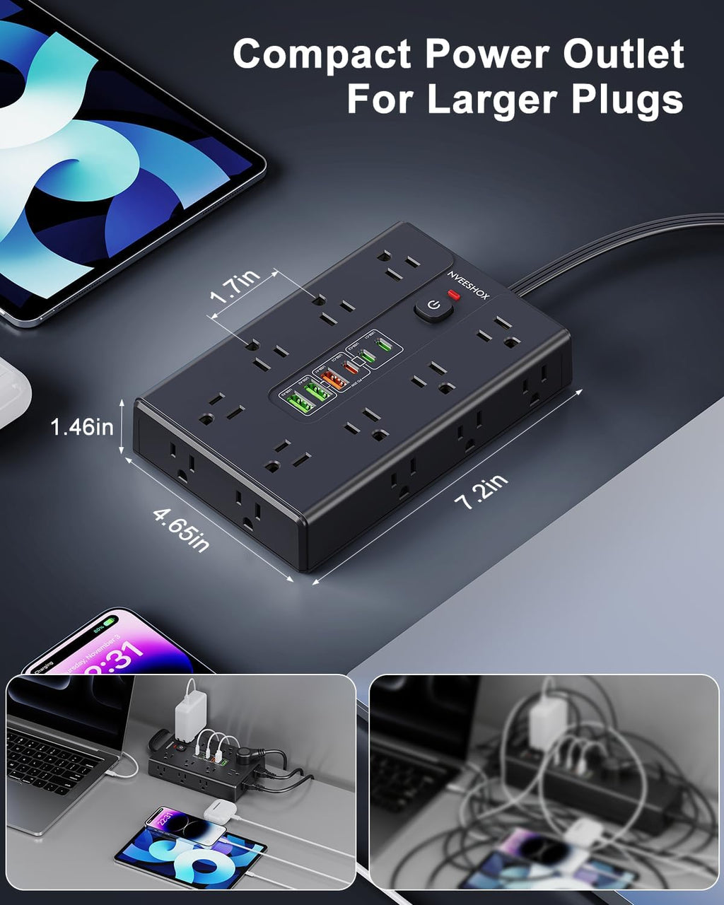 Surge Protector Power Strip with 16 AC Outlets 6 USB Ports(3 Type C)