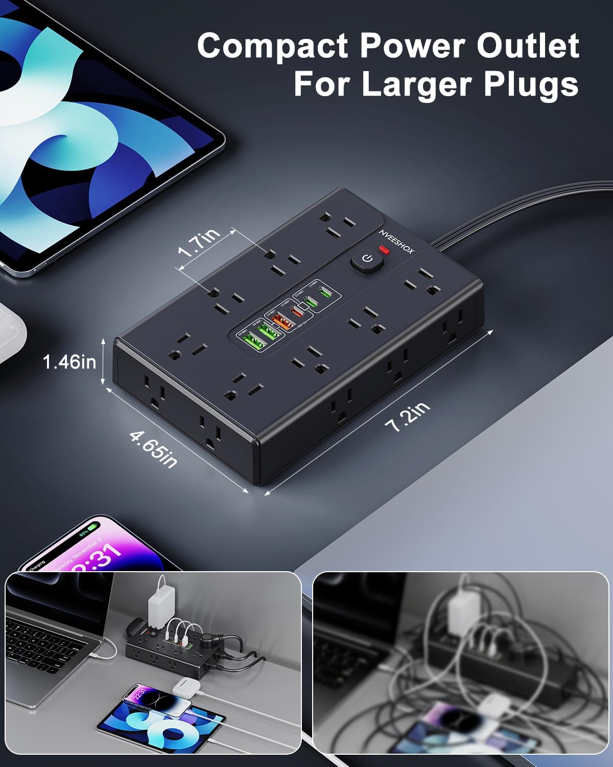 Surge Protector Power Strip with 16 AC Outlets 6 USB Ports(3 Type C)
