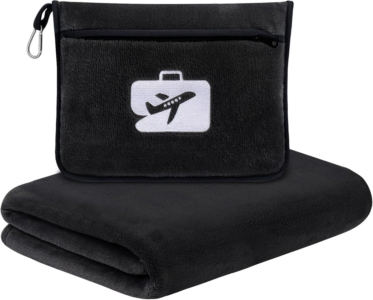 SINLAND Travel Pillow and Blanket 2-in-1 Set Airplane Black 60x50 Inch