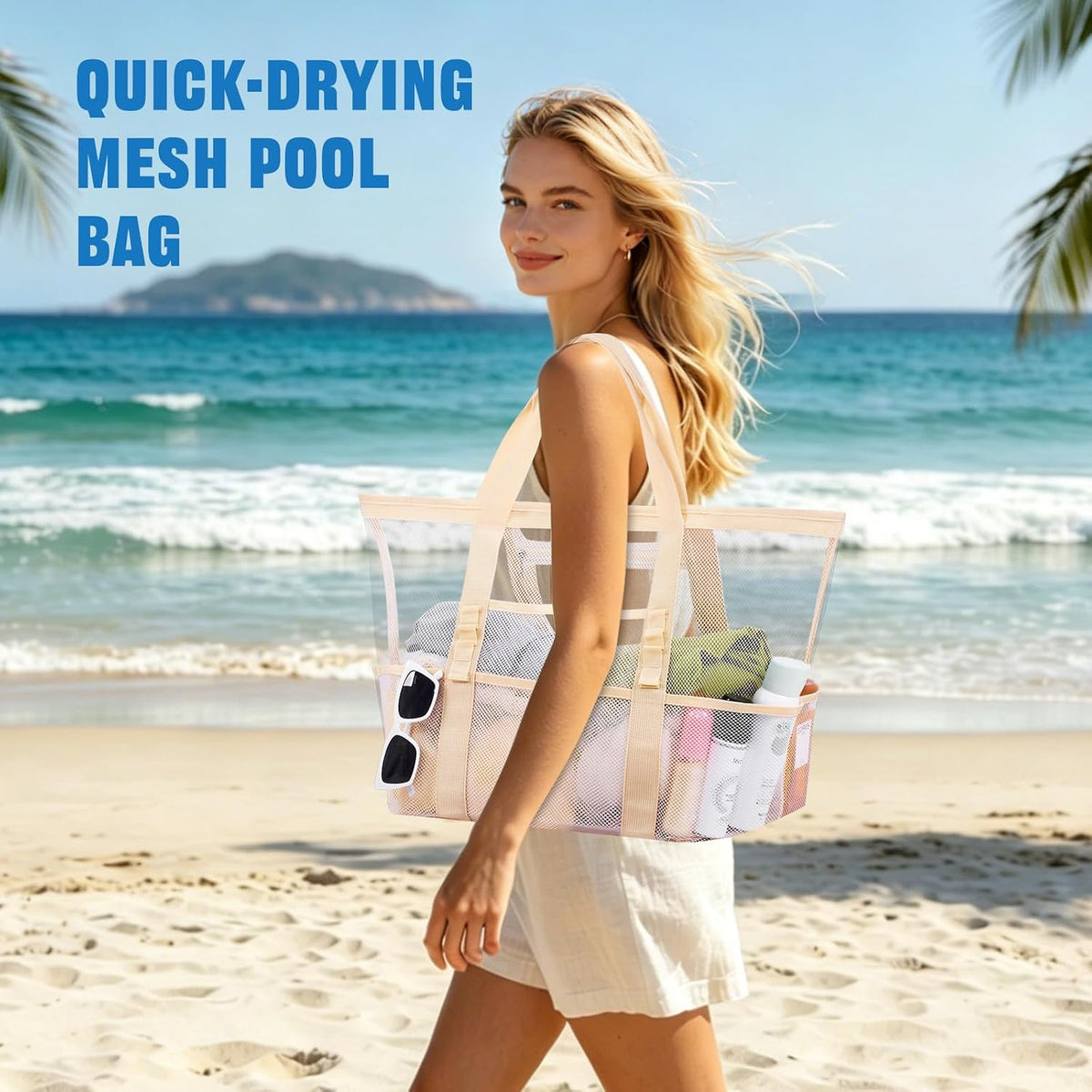 Large Mesh Beach Bag for Women, Sandproof 9-Pocket Beach Tote Bag, Quick-Drying Pool Bag for Travel Vacation