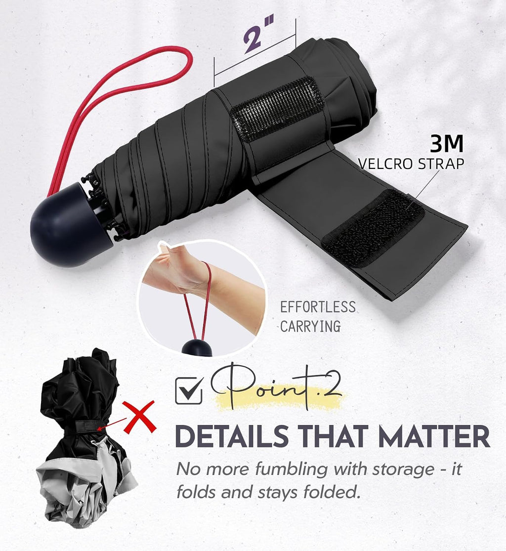 Umbrella Travel Size Mini Compact for Rain, UPF 100+ UV Protection