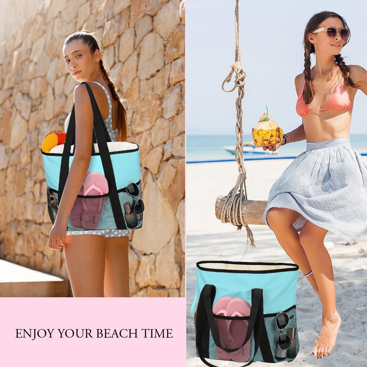girls trip bags Foldable Waterproof Beach Tote for Women - 8 Zippered Pockets, Lightweight Travel Bag for Swim