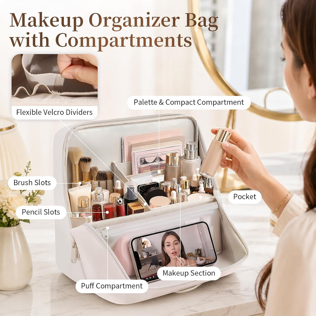 Travel Makeup Bag Standing Folding Leather Cosmetic Organizer with Handle