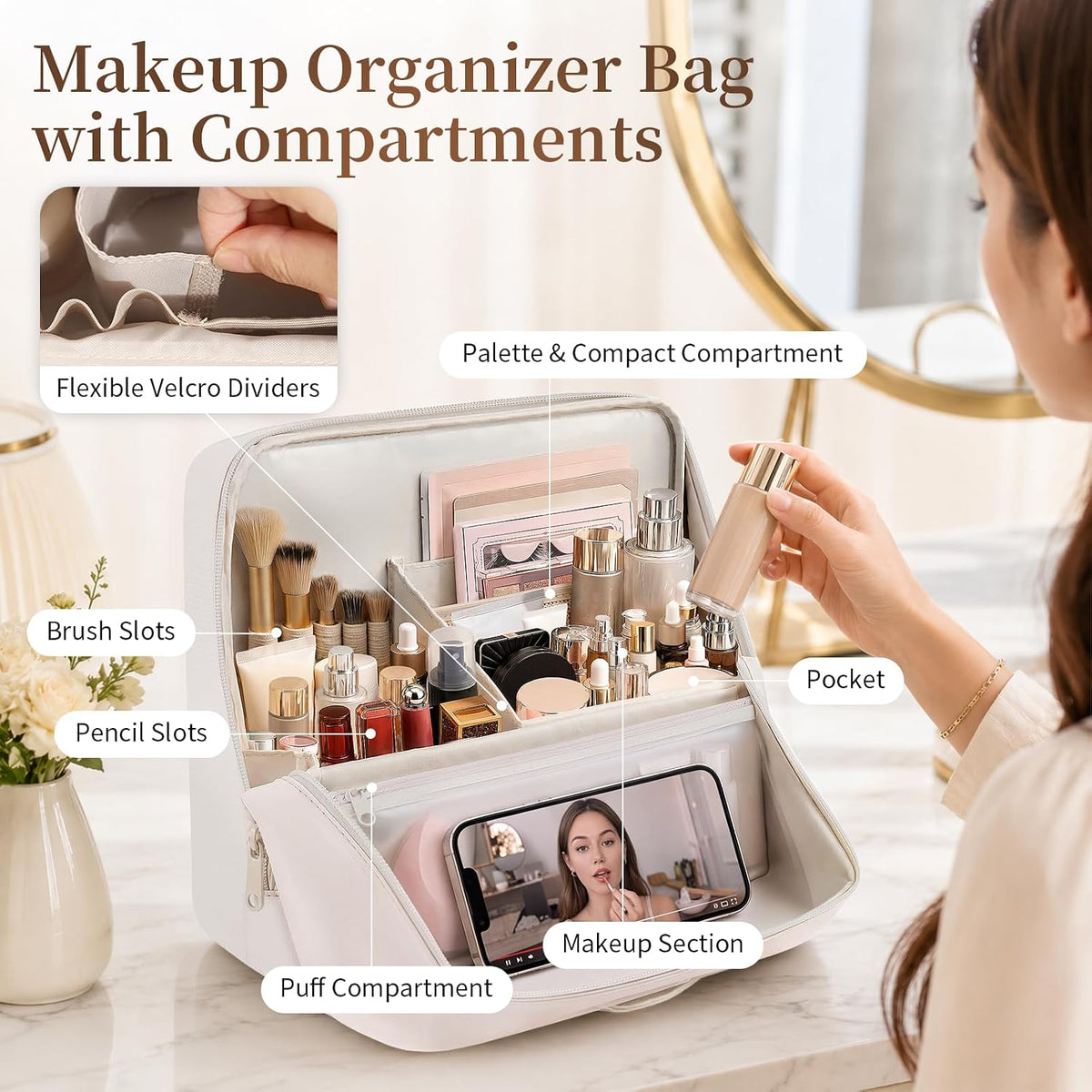 Travel Makeup Bag Standing Folding Leather Cosmetic Organizer with Handle