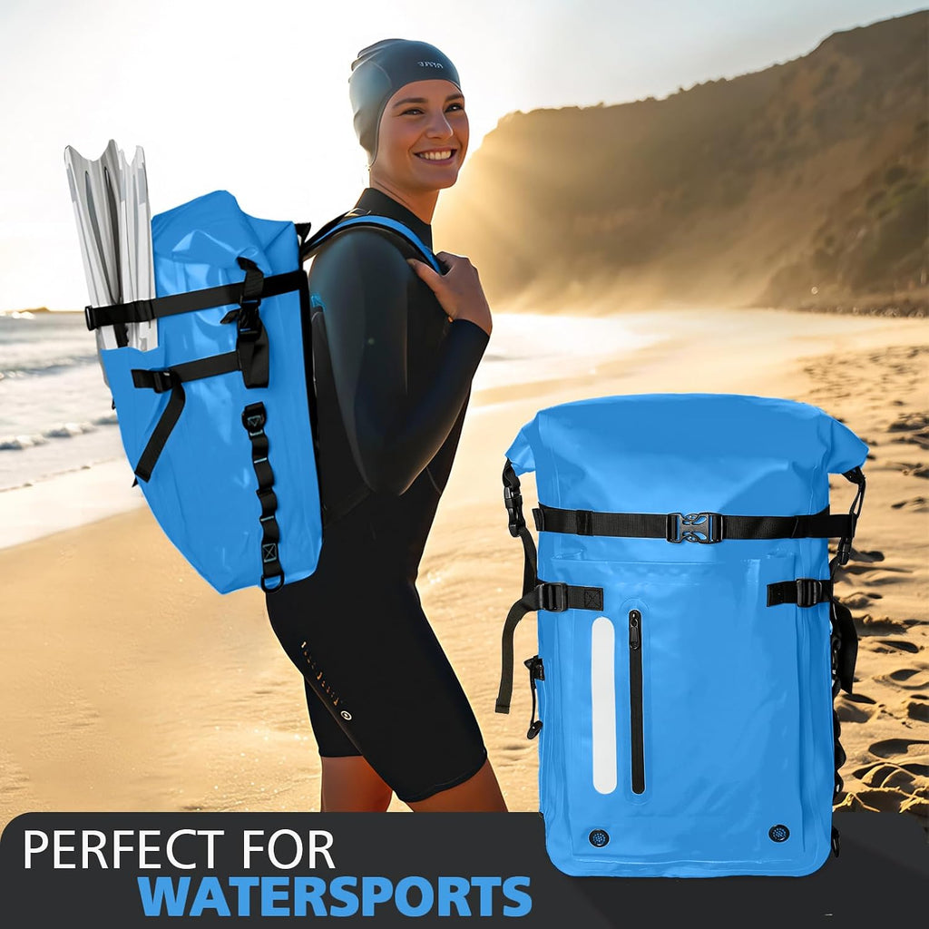 30L Roll Top Waterproof Floating Backpack, Equipment Pocket, Marine Floating Dry Bags for Kayaking Tracing Beach Fishing Hiking Survival Camping Travel (Blue)