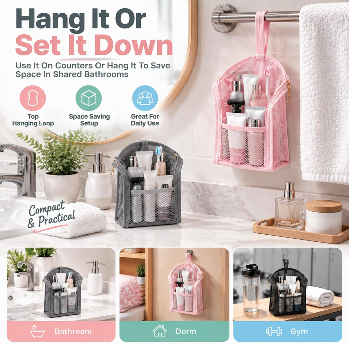 Travel Toiletry Bag Bathroom Organizer Mesh Zipper Standing Pouch Freestanding Waterproof Storage for Women Clear Makeup Small Hanging Toiletries Stand Shower Caddy Away Dust Proof Upright