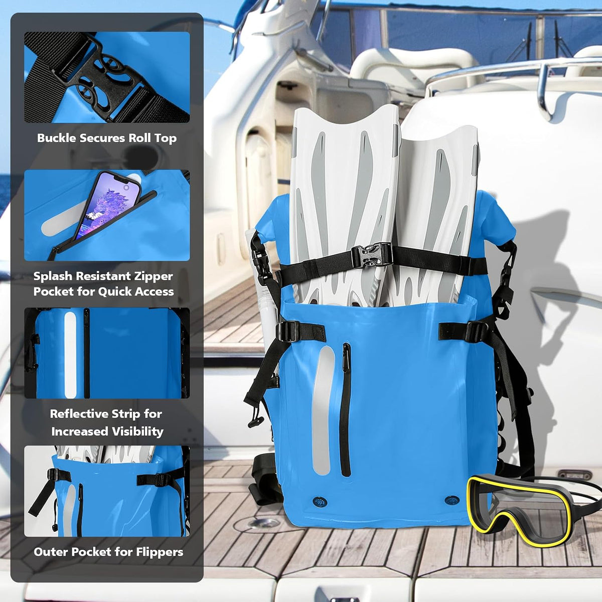 30L Roll Top Waterproof Floating Backpack, Equipment Pocket, Marine Floating Dry Bags for Kayaking Tracing Beach Fishing Hiking Survival Camping Travel (Blue)