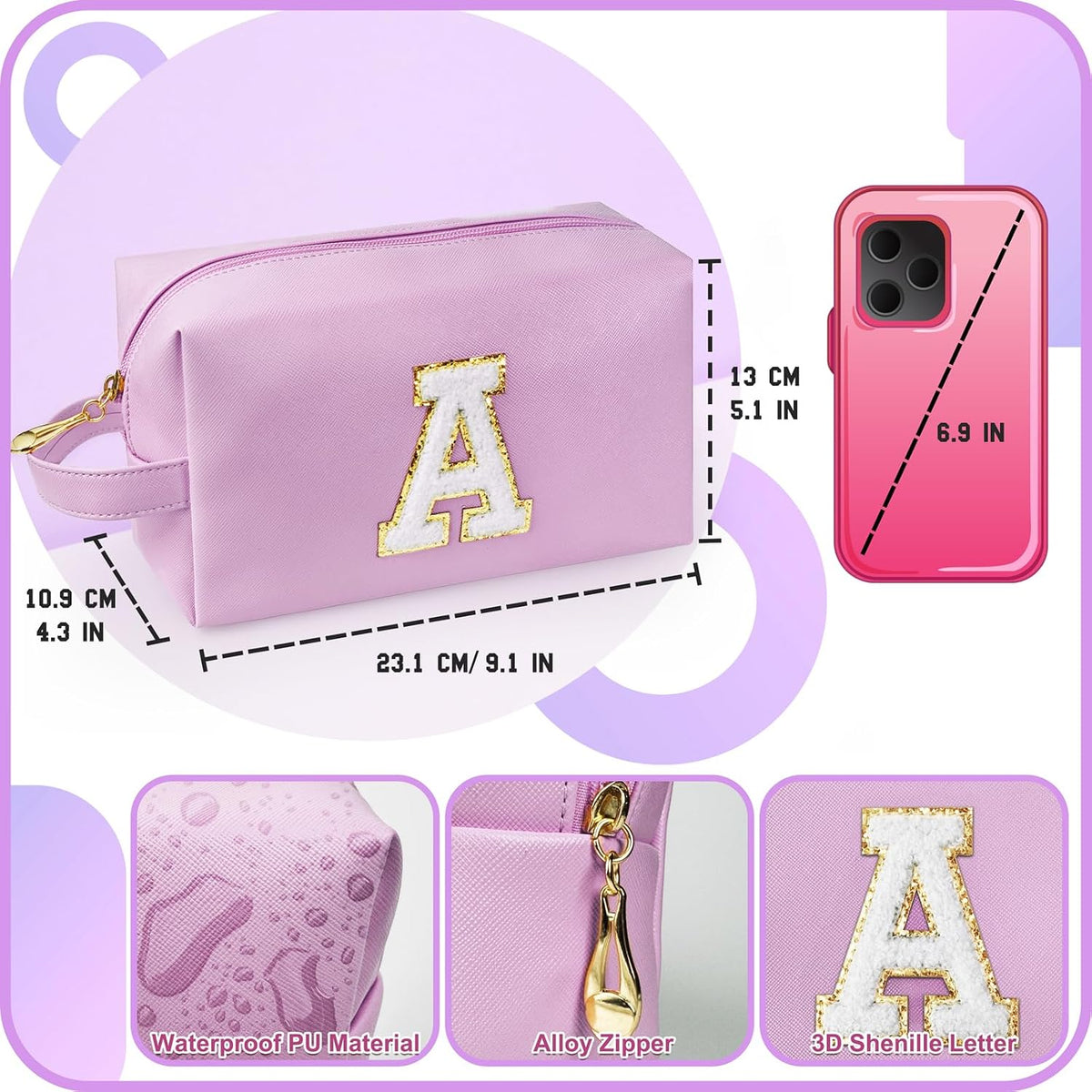 Personalized Initial Makeup Bag with Handle, Preppy Cosmetic Bag with Inner Zipper Pocket, 8 9 10 11 12 13 14 Years Old Girl, Graduation Gifts for Teen Girls Women Teachers (A, Purple)