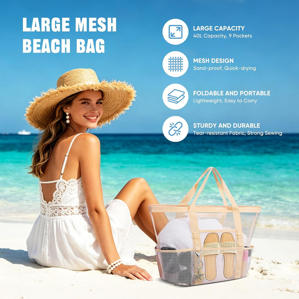 Large Mesh Beach Bag for Women, Sandproof 9-Pocket Beach Tote Bag, Quick-Drying Pool Bag for Travel Vacation