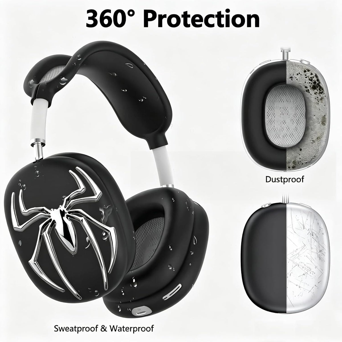 [4 in 1] Case Cover for AirPods Max 2/1 (2026/2024/2020) Ear Pad Case Cover/Headband Cover/Ear Cups with 3D Spider for Apple AirPods Max Headphones (Black)