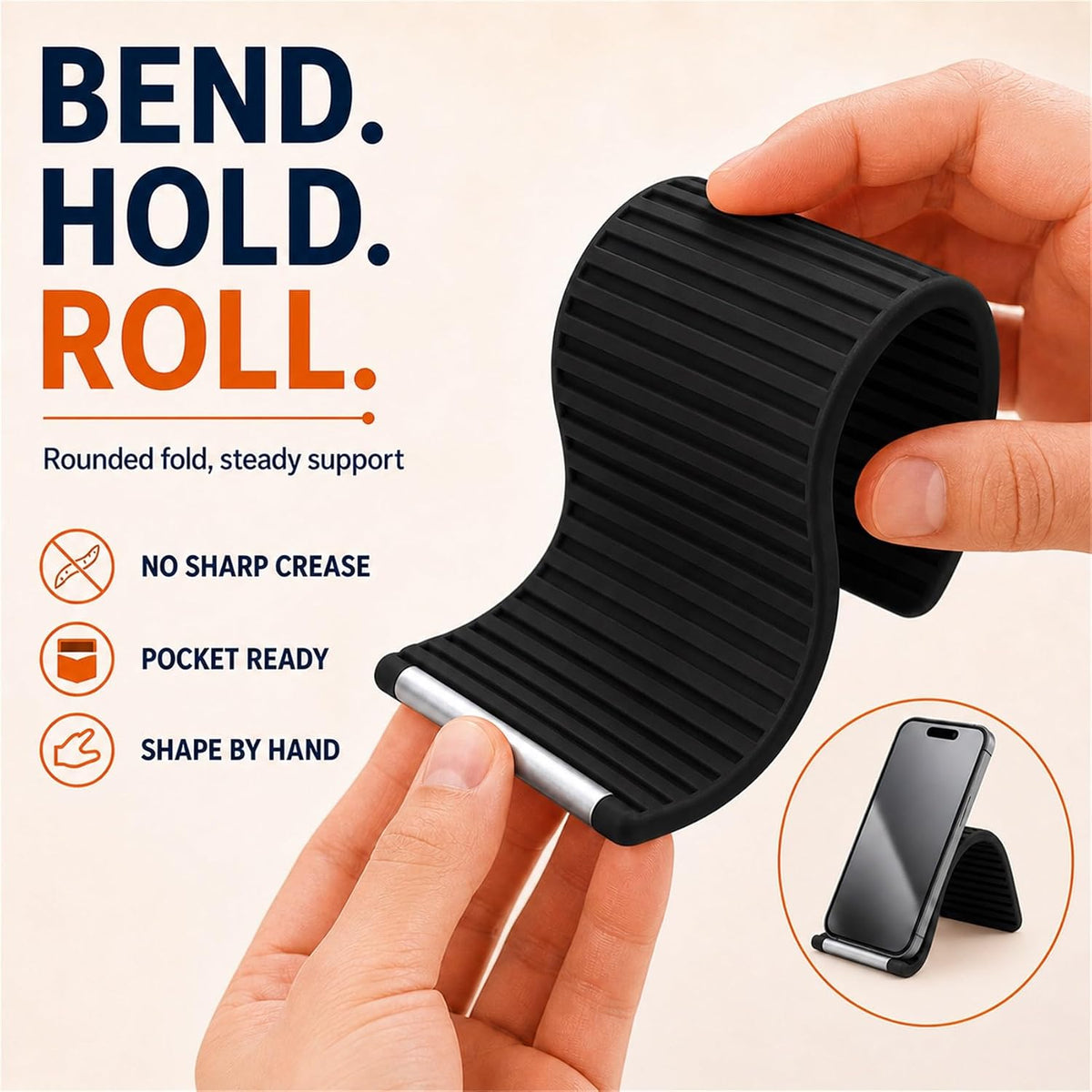 Flexible Silicone Phone Holder, Foldable Stand for Airplane Travel (Black)