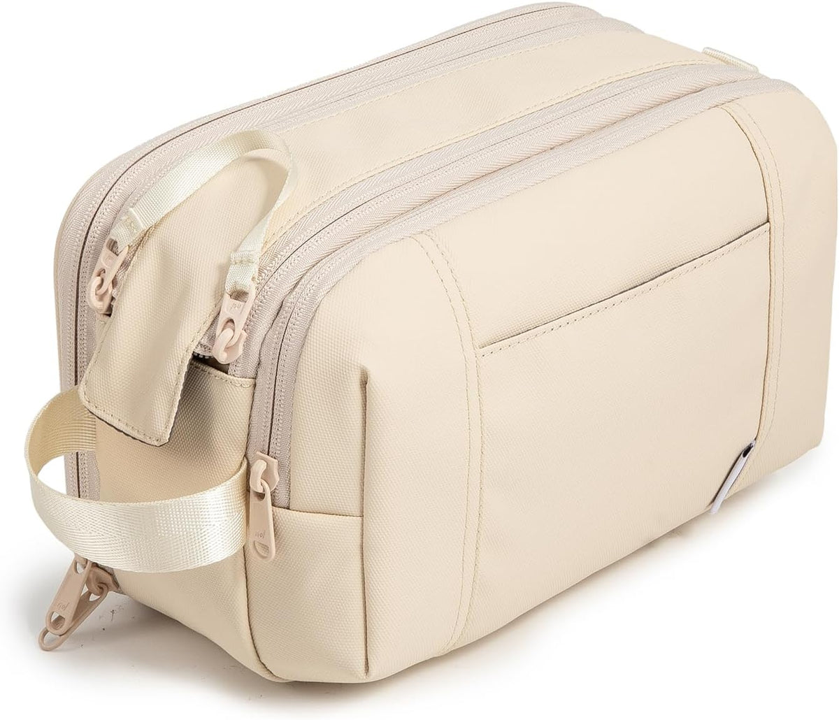 NOL Toiletry Bag for Men/Women, Water-Resistant Nylon Travel Organizer with Multiple Compartments, Flat-Open Makeup Cosmetic Bag with Dual Zippers & Side Handle, Shaving Dopp Kit for Toiletries, Cream