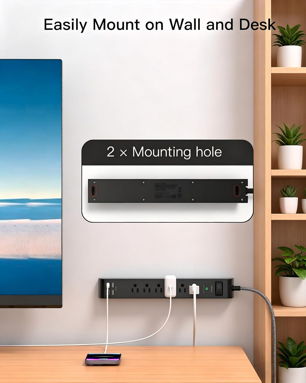 Surge Protector Power Strip 5FT, 10-in-1 with 6 AC Outlets 4 USB Ports(2 USB-C), Ultra Flat Plug Braided Extension Cord, Wall Mountable, 1080J Surge Protection, Black