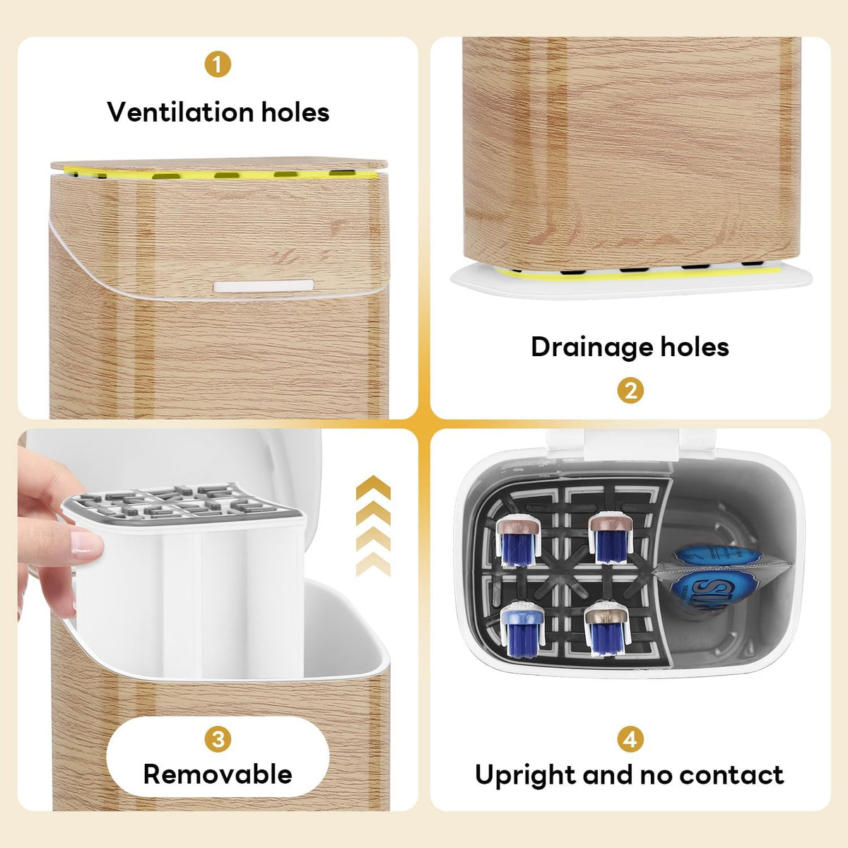 GFWARE Wood Bathroom Toothbrush Holder with Cover, Ventilated & Drainage