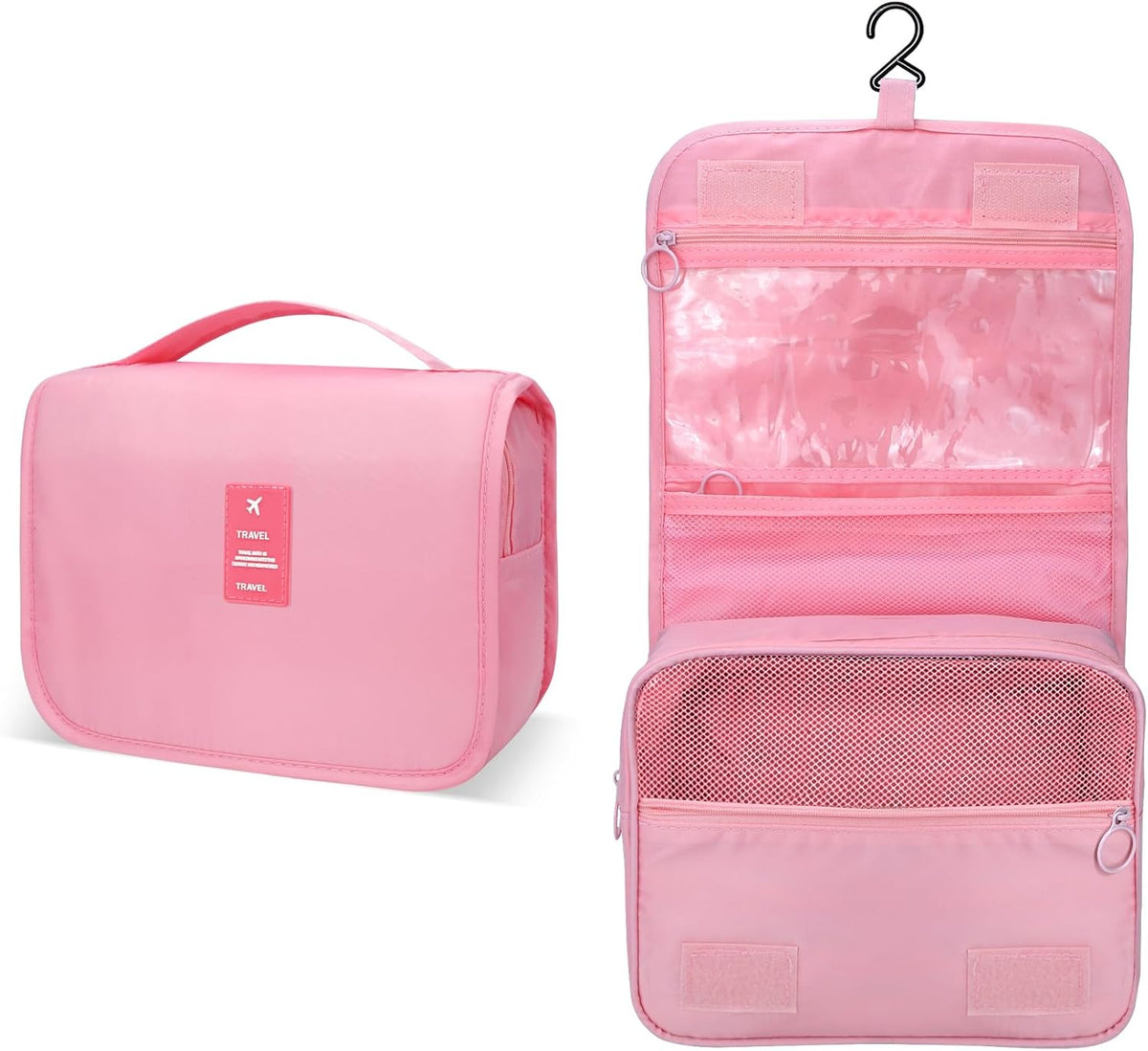 Lcsmaokin Large Capacity Toiletry Bag Travel Bag with Hanging Hook for Men and Women Waterproof Travel Cosmetic Bag Bathroom Storage Bag for Brushes Set, Full-Sized Shampoo,Accessories(Pink)