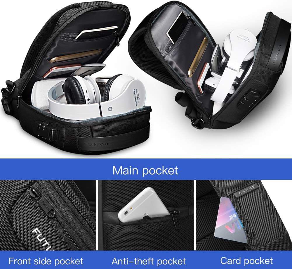BANGE Sling Bag, Men's Chest Bag Waterproof Shoulder bags Casual Crossbody Sling Backpack with USB Charging Port for Men and Women…