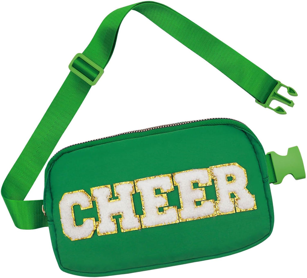 PainZieteg Cheer Fanny Pack for Girls, Chenille Letter Nylon Belt Bag Green