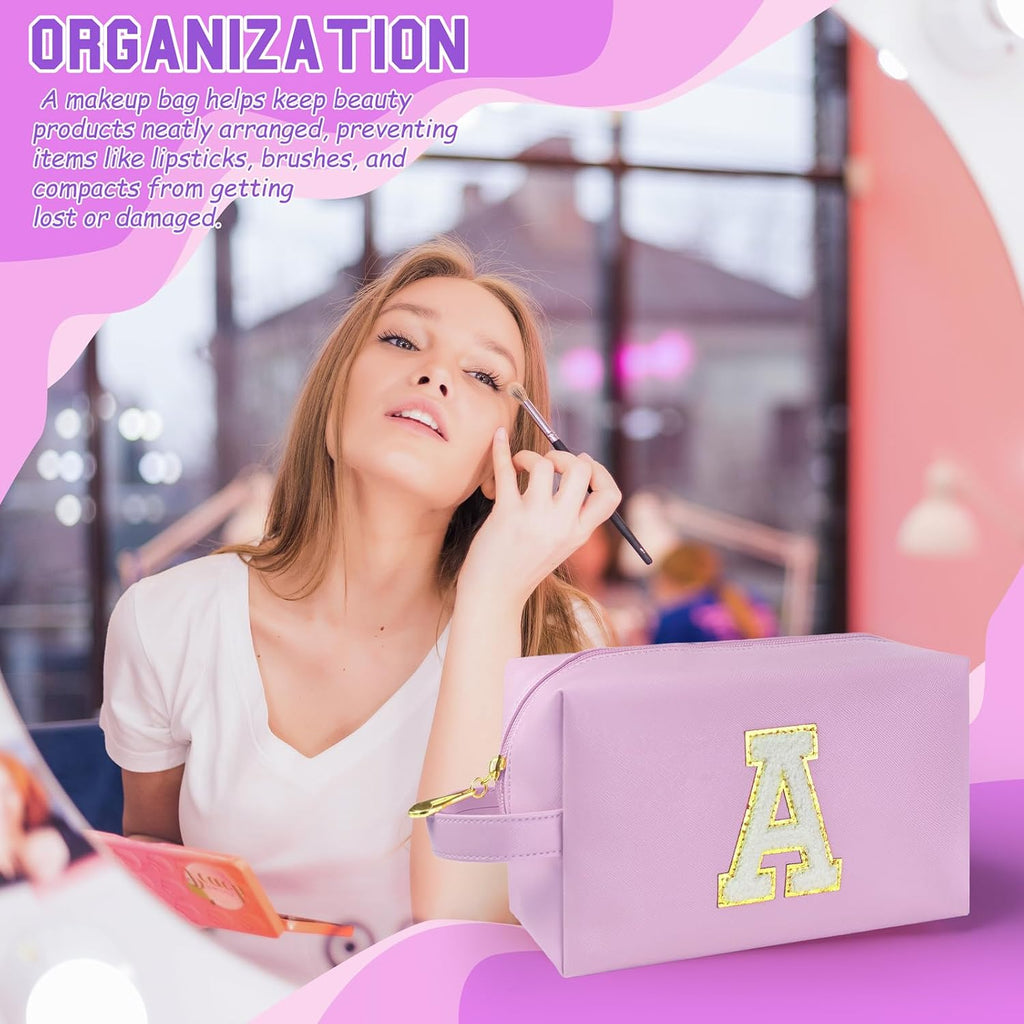 Personalized Initial Makeup Bag with Handle, Preppy Cosmetic Bag with Inner Zipper Pocket, 8 9 10 11 12 13 14 Years Old Girl, Graduation Gifts for Teen Girls Women Teachers (A, Purple)