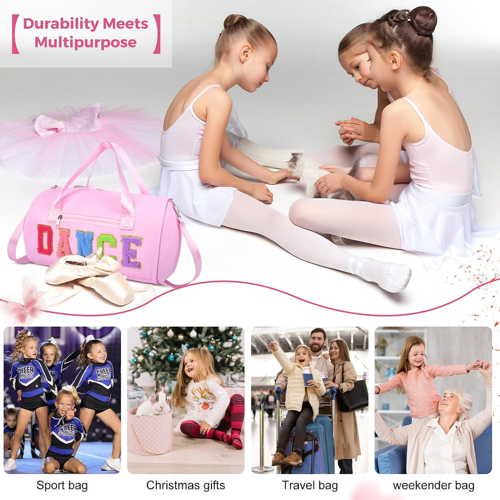 Dance Bag for Girls, KUIRAN 23L Waterproof Travel Duffel Bag with Colorful Chenille Letter, Lightweight Small Gym Sport Ballet Bag Weekender Bag with Large Main Compartment - Pink