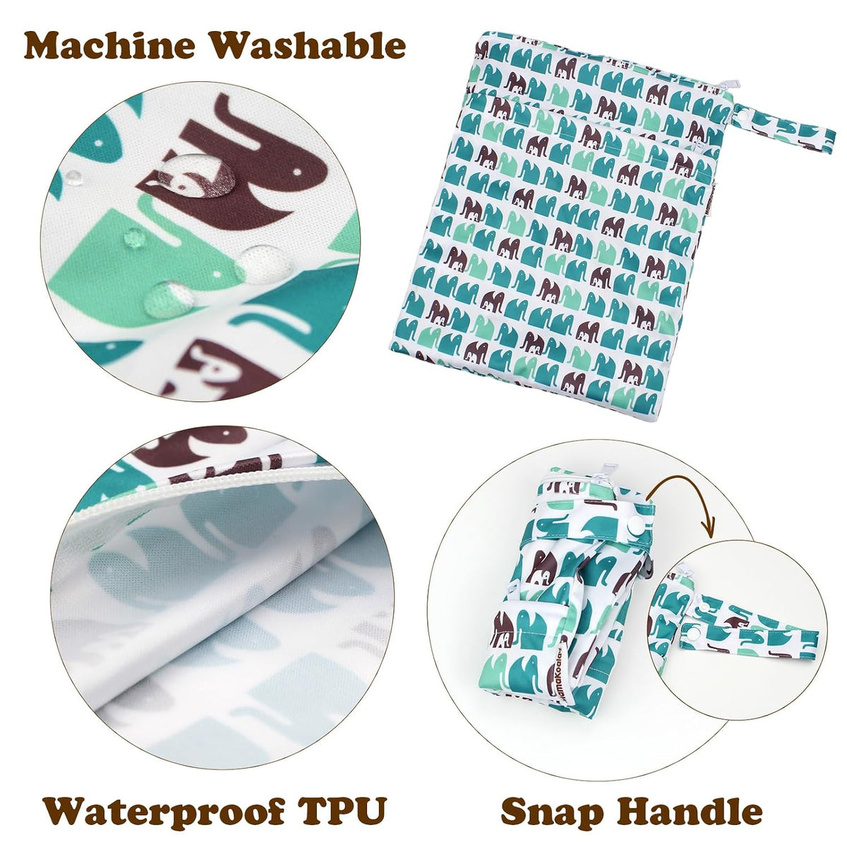 Mama Koala 2 Pack Wet Dry Bags on the Go, Swimming Pool, Beach, in Gym, Fitness Center, Natatorium, Polyester Waterproof Diaper Bag with 2 Pockets, Portable, Reusable, Machine Washable - 12in/16in-022
