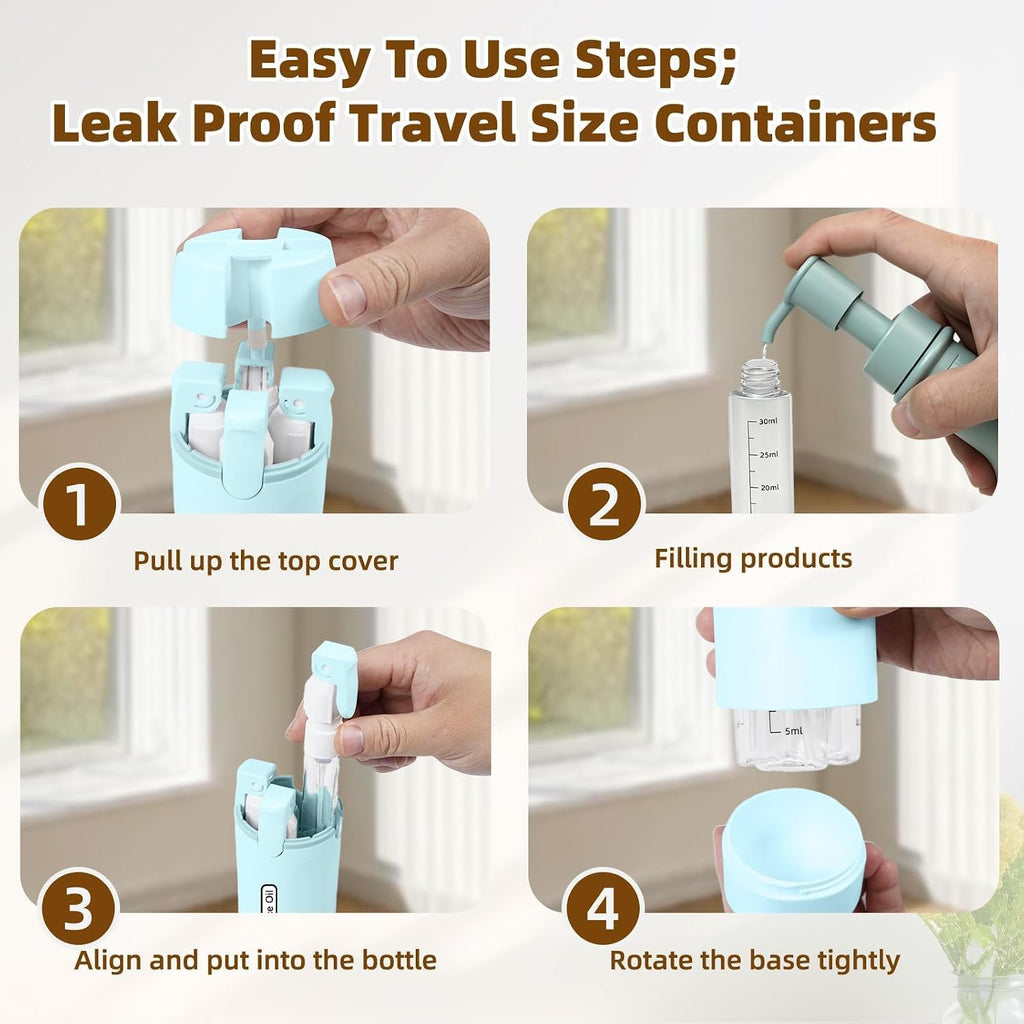 4 in 1 Travel Dispenser Bottle, Leakproof Travel Size Toiletries Holder, Refillable Portable Containers for Shampoo Lotion Conditioner Cream Transparent with Label (Blue)