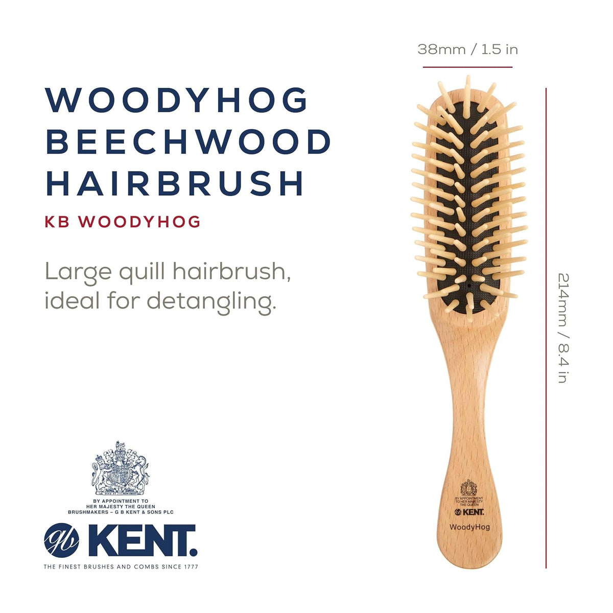 Kent KB Woodyhog Travel Size Detangling Brush Beech-wood, Firm Rounded Wooden Bristles, Natural Cushion Detangler Wooden Hair Brush for Women Men and Kids Everyday Care, Made in England