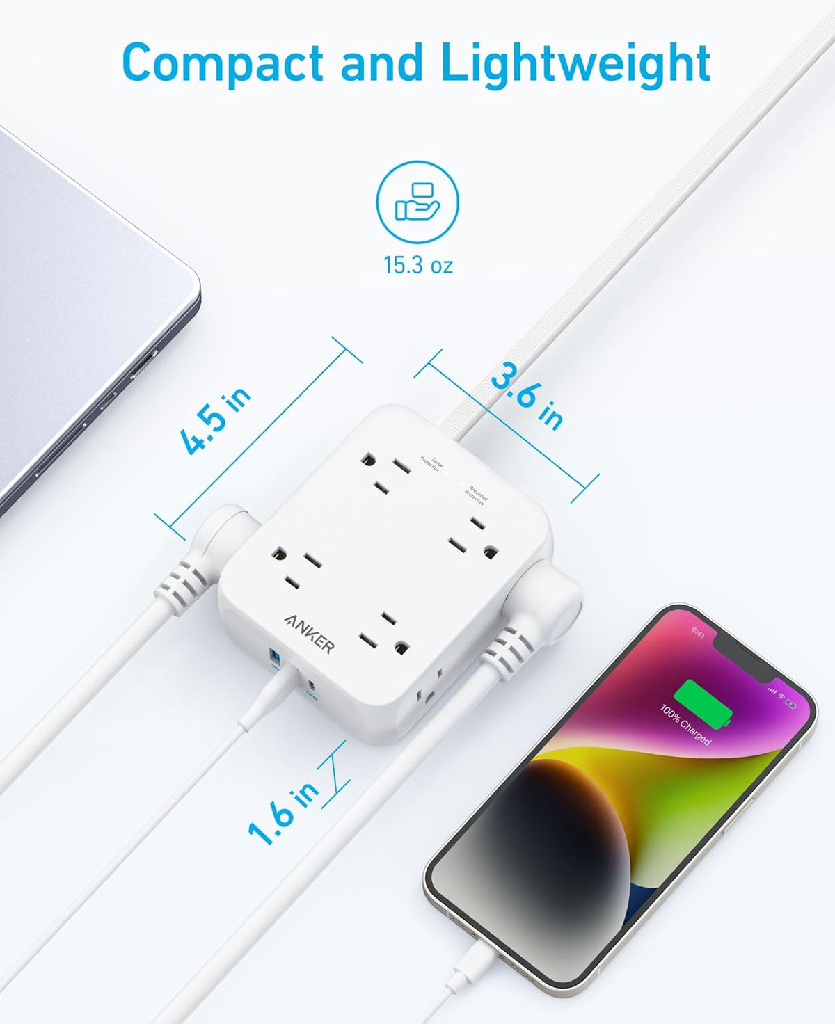 Anker Surge Protector Flat Plug Power Strip 2000J, 5ft Thin Extension Cord, 8 Outlets,2 USB A and 1 USB C Port,20W for iPhone15,Wall Mount,Compact for Home,Office,Room,TUV Listed (Pack of 2)