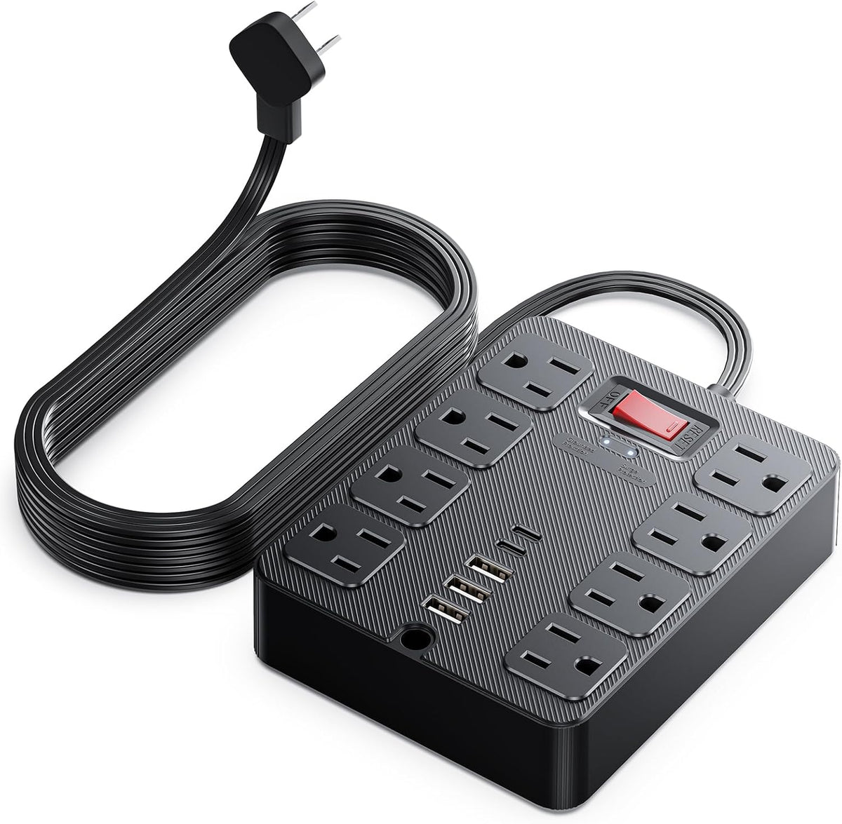 13 in 1 Surge Protector Power Strip Flat Plug 8 Widely AC Outlet 3 USB Ports,1250W/10A，5 ft Extension Cord with Multiple Outlets, Desk Extender for Dorm, Home,Travel，Office Essentials,ETL Listed