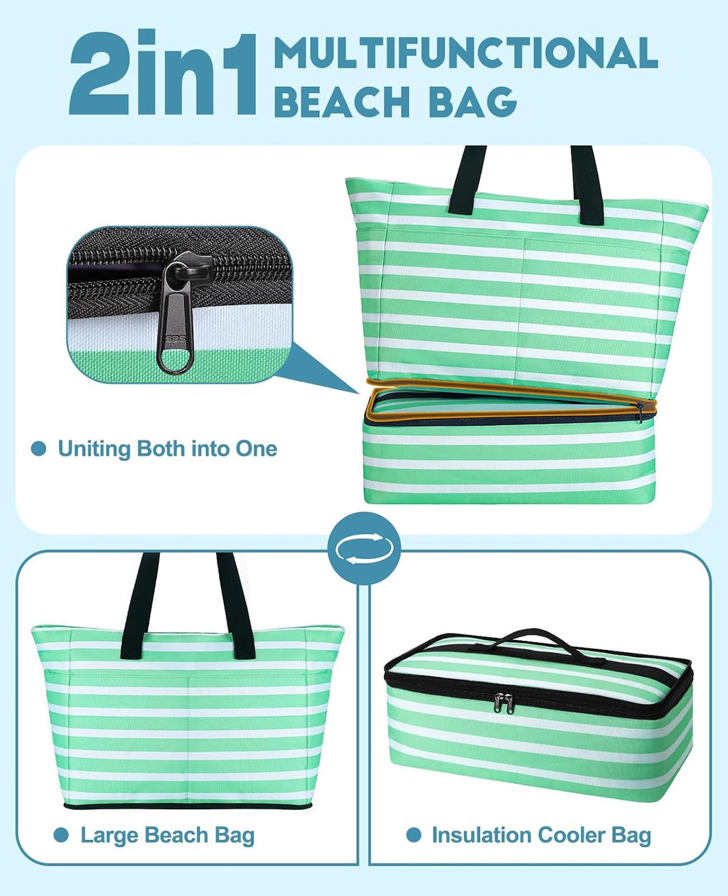 ISEYOU Beach Bag with Cooler, 49L Large Waterproof Sandproof Tote with Zipper, Foldable Travel Bag for Beach, Pool, Picnic