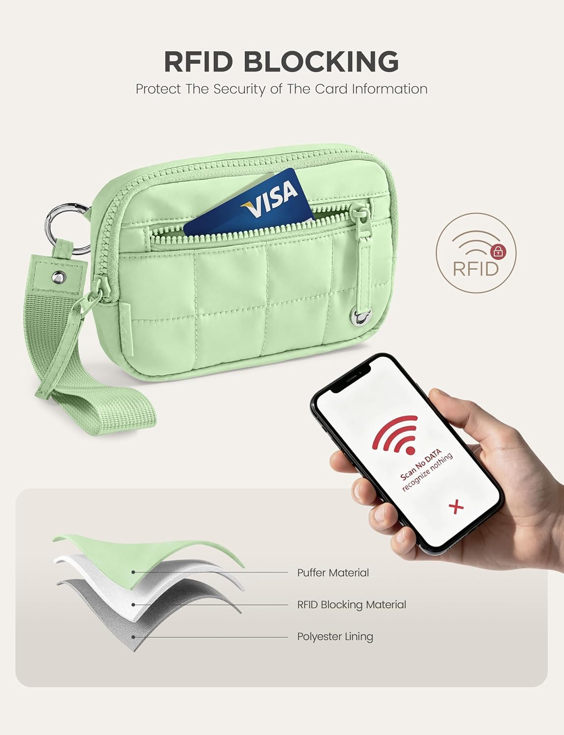 Uselike Womens Wallet Card Holder Purse with Zipper Quilted Phone Wallet RFID Blocking Small Wristlet Wallets for Everyday, Travel (Light Green, Small)
