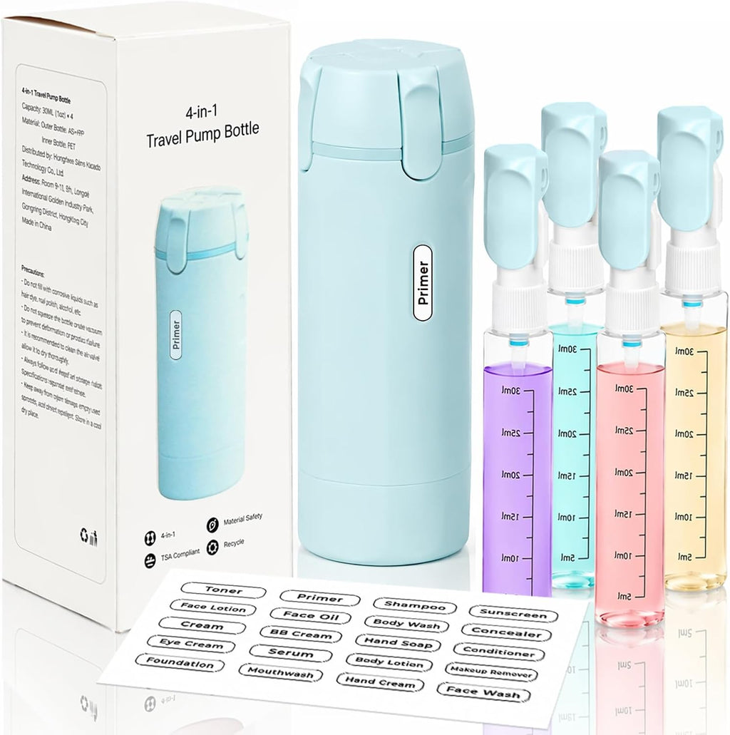 4 in 1 Travel Dispenser Bottle, Leakproof Travel Size Toiletries Holder, Refillable Portable Containers for Shampoo Lotion Conditioner Cream Transparent with Label (Blue)