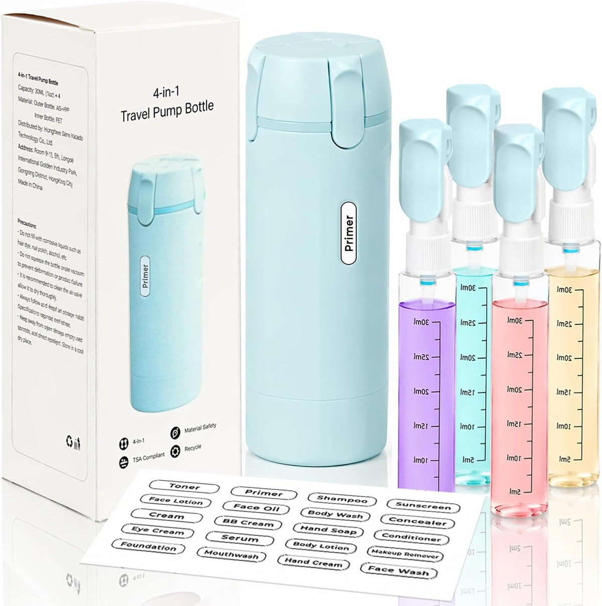 4 in 1 Travel Dispenser Bottle, Leakproof Travel Size Toiletries Holder, Refillable Portable Containers for Shampoo Lotion Conditioner Cream Transparent with Label (Blue)