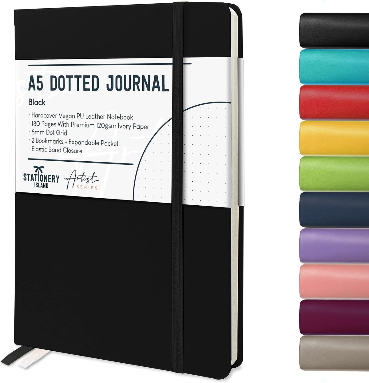 STATIONERY ISLAND A5 Bullet Dotted Journal Black Dot Grid Notebook 120gsm Thick Paper 180 Pages in Medium Size Leather Hardcover for Office Work, School Study, Drawing and Travel