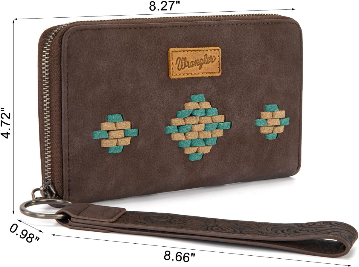 Wrangler Wristlet Wallet, Women Clutch Purses RFID Blocking with Aztec Boho Western Wrist Strap, Wristlet Purse with Zipper Pocket Card Holder for Women Girls Casual Travel Daily, WG310-W006CF