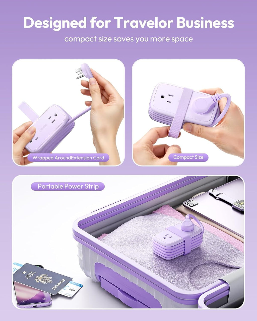 NTONPOWER 20W Purple Travel Power Strip, Travel Essentials 4 Outlets 3 USB(1 USB-C) with 4FT Wrapped Extension Cord Flat Plug, Vacation Essentials for Hotel Travel Camping Cruise Essentials 2026