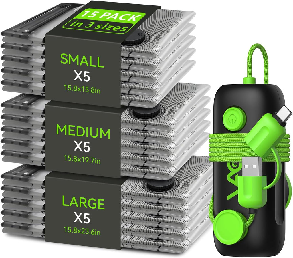 Vacuum Bags for Travel - USB Electric Pump, 15 Pack Carry-on Size Vacuum Seal Bags for Clothing - Space Saver Vacuum Storage Bags for Luggage, Travel Essentials.