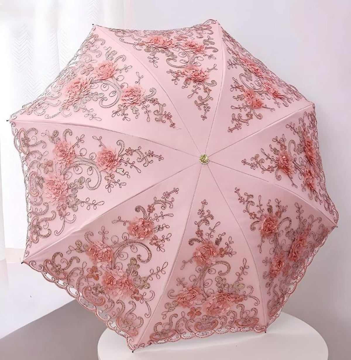 Foldable Lace Sun Parasol UPF 50+ UV Protection Flower Embroidery Vintage Umbrella
