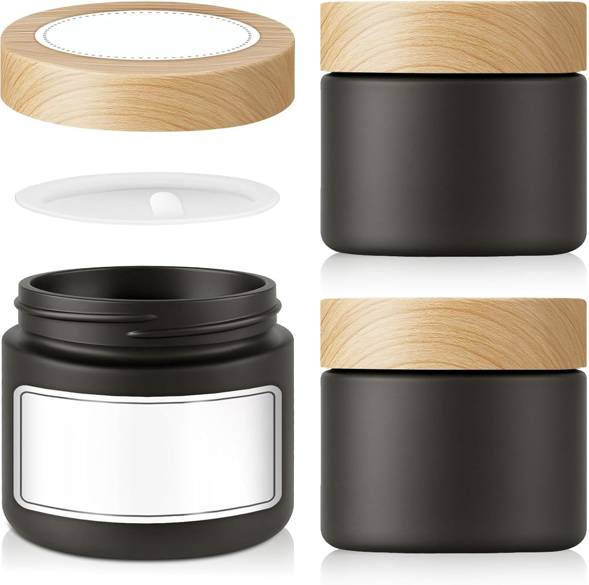 3 Pack 2 OZ Matt Black Small Glass Jars with Plastic Woodgrain Lids